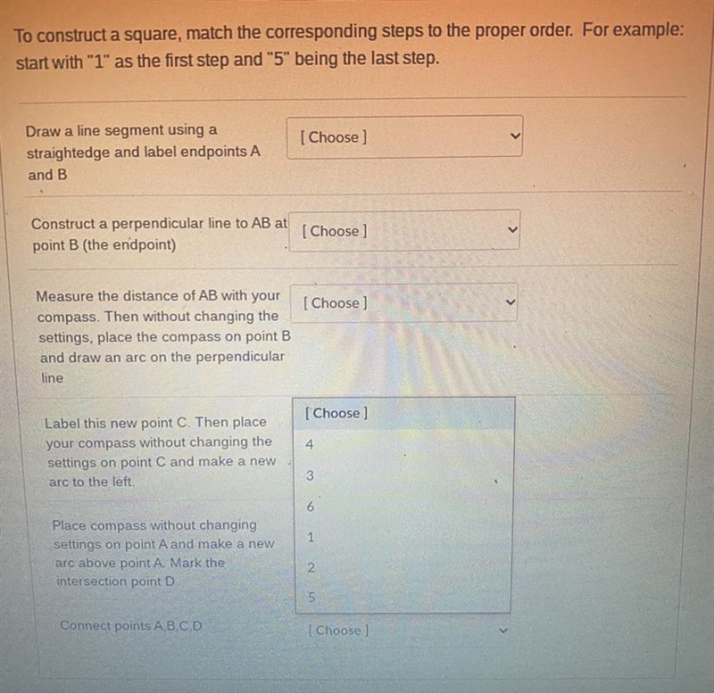 To construct a square, match the corresponding steps to the proper orders. (basically-example-1