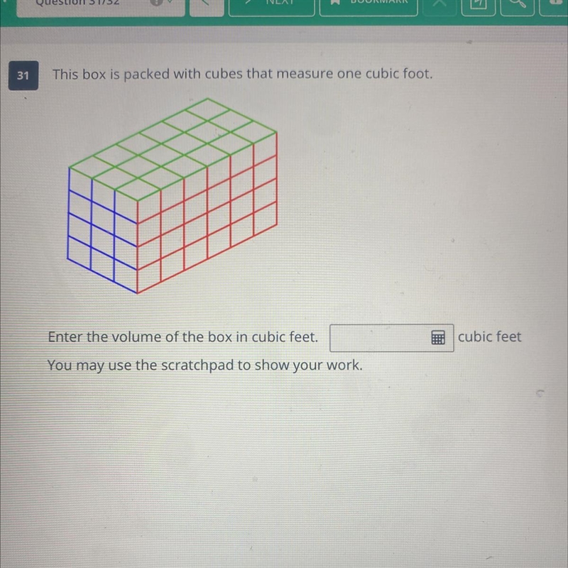 This box is packed with cubes that measure one cubic foot.Enter the volume of the-example-1