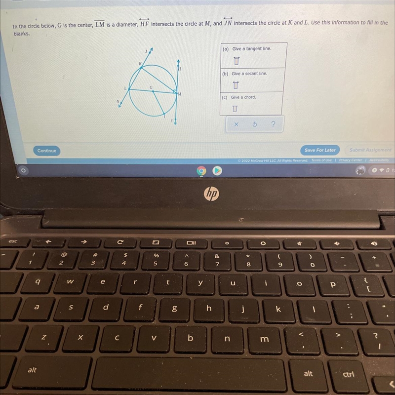 In the circle below, G is the center, LM Is a diameter, HF intersects the circle at-example-1