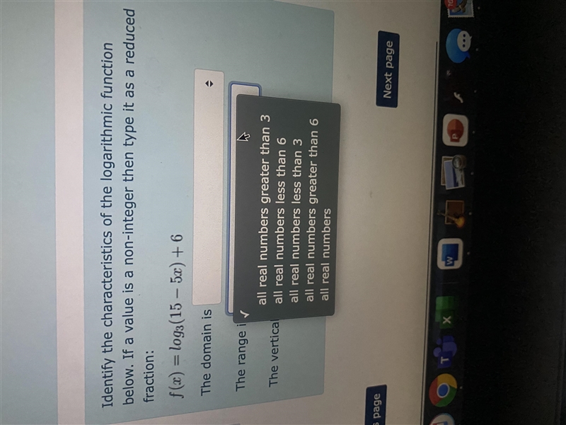 Identify the characteristics of the logarithmic function below. If a value is a non-example-2