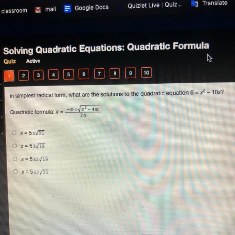 In simplest radical form, what are the solutions to the quadratic equation 6 = x2 - 10%?-b-example-1