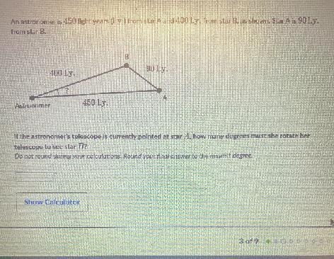 An astronomer is 450 light years (1.y.) from star A and 400 1.y. from star B, as shown-example-1