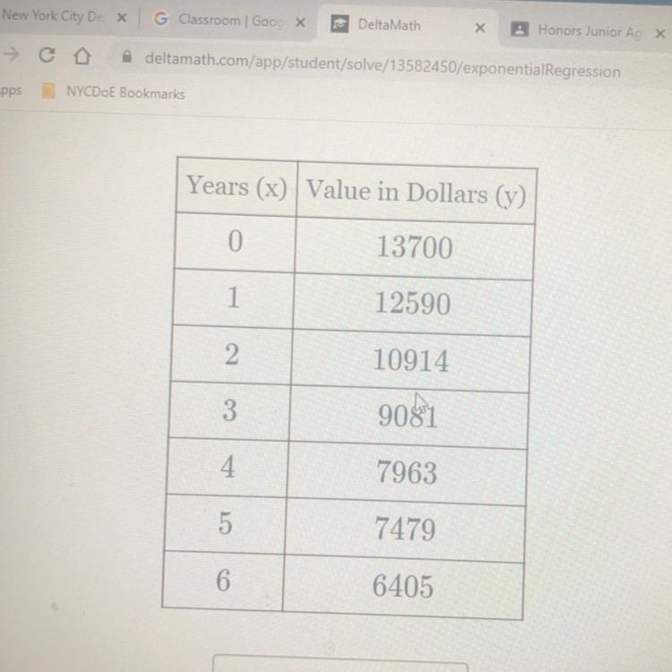 The accompanying table shows the value of a car over time that was purchased for 13700 dollars-example-1