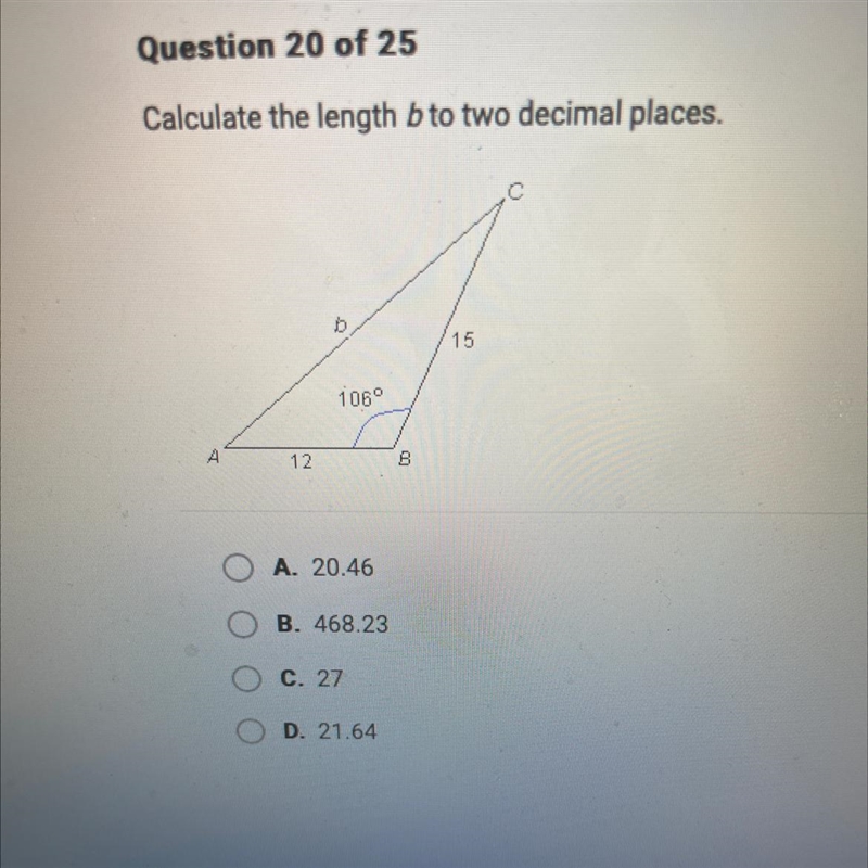 Calculate the length b to two decimal places. 15 106° 12 B-example-1