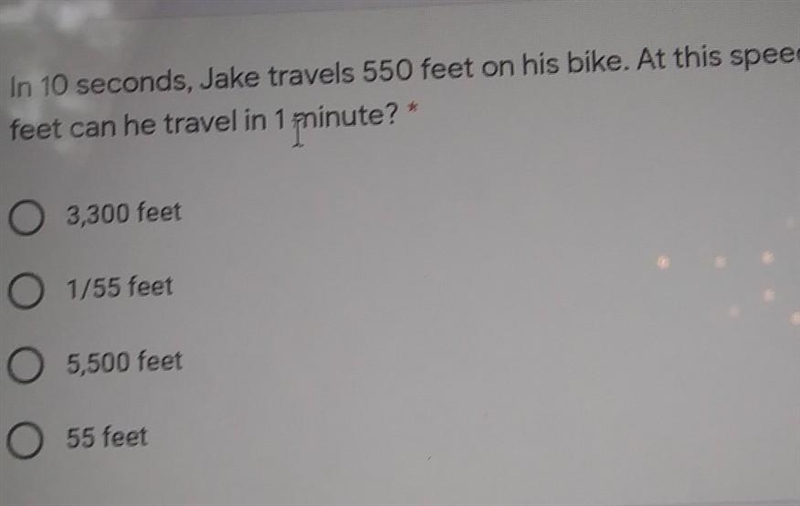 In 10 seconds, Jake travels 550 feet on his bike. At this speed. How many fert can-example-1