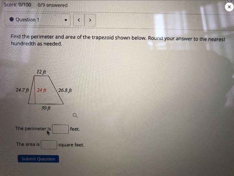 Find the perimeter and area of the trapezoid shown below. Round your answer to the-example-1