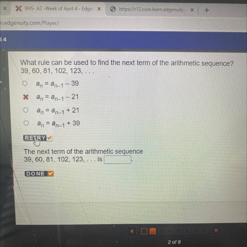 What rule can be used to find the next term of the arithmetic sequenc39, 60, 81, 102, 123, ...Oan-example-1