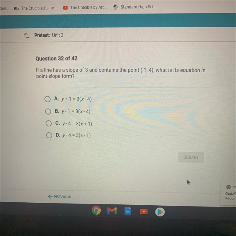 If a line has a slope of 3 and contains the point (-1,4), what is its equation inpoint-example-1