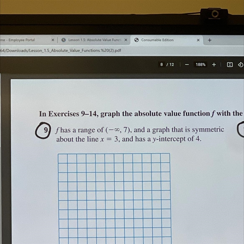 F has a range of (-infinaty, 7), and a graph that is symmetric about the line x = 3, and-example-1