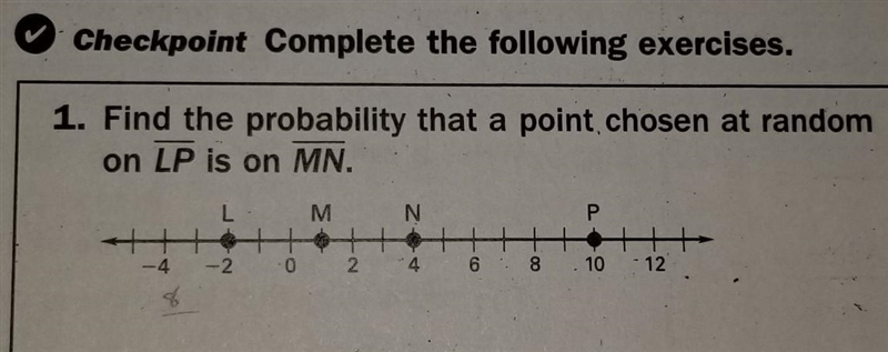 Find the probability that a point chosen at random on LP is on MN-example-1