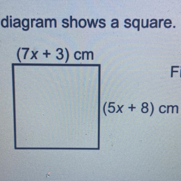 The diagram shows a square. (7x + 3) cm Find the length of the side of the square-example-1