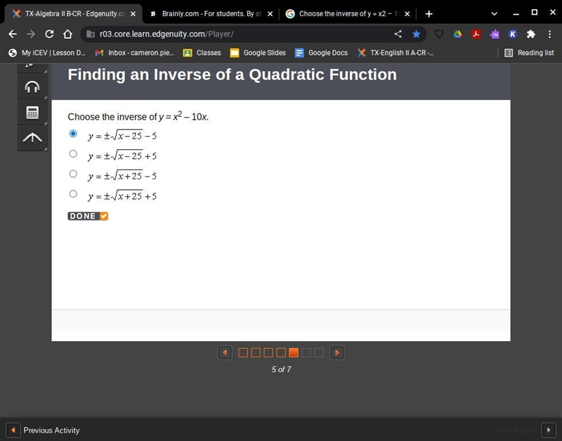 Choose the inverse of y = x2 – 10x.-example-1