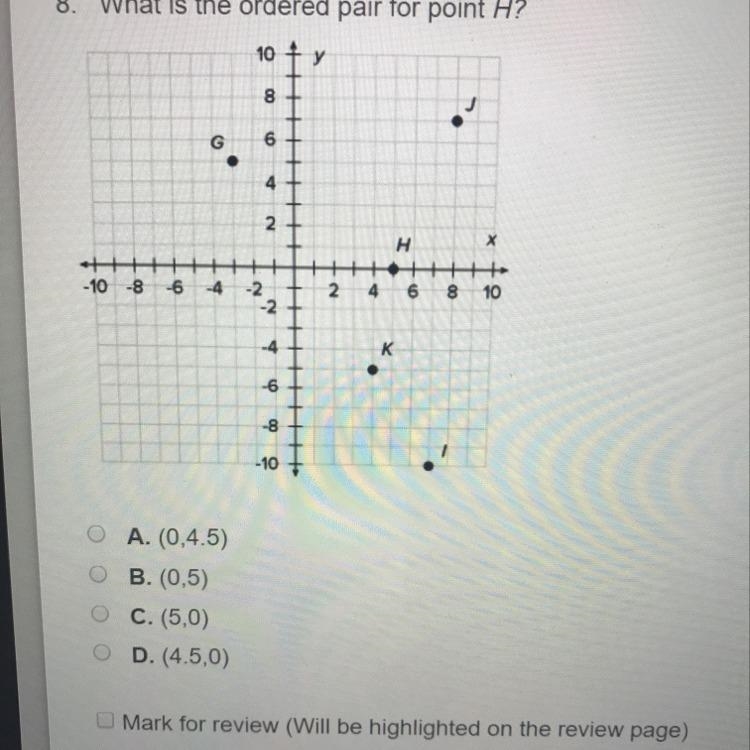 What is the best ordered pair for point K the options are A.(5,-4) b (-4,-5) c (4,-5) d-example-1