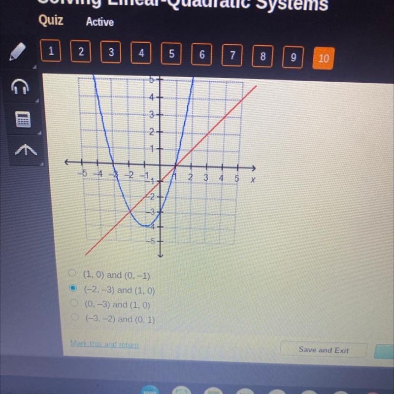 Which represents the solutions of the graphed system of equations y=x2+2x-3 and y-example-1