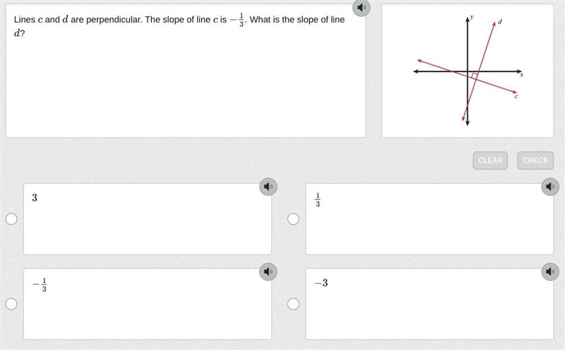 Lines c and d are perpendicular. The slope of line c is −1/3. What is the slope of-example-1