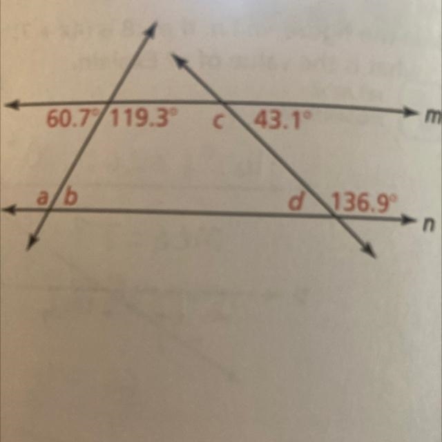 Finds the measures of angle b and d given that m ll n. Explain.-example-1