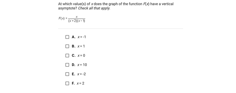 At which value(s) of x does the graph of the function F(x) have a vertical asymptote-example-1