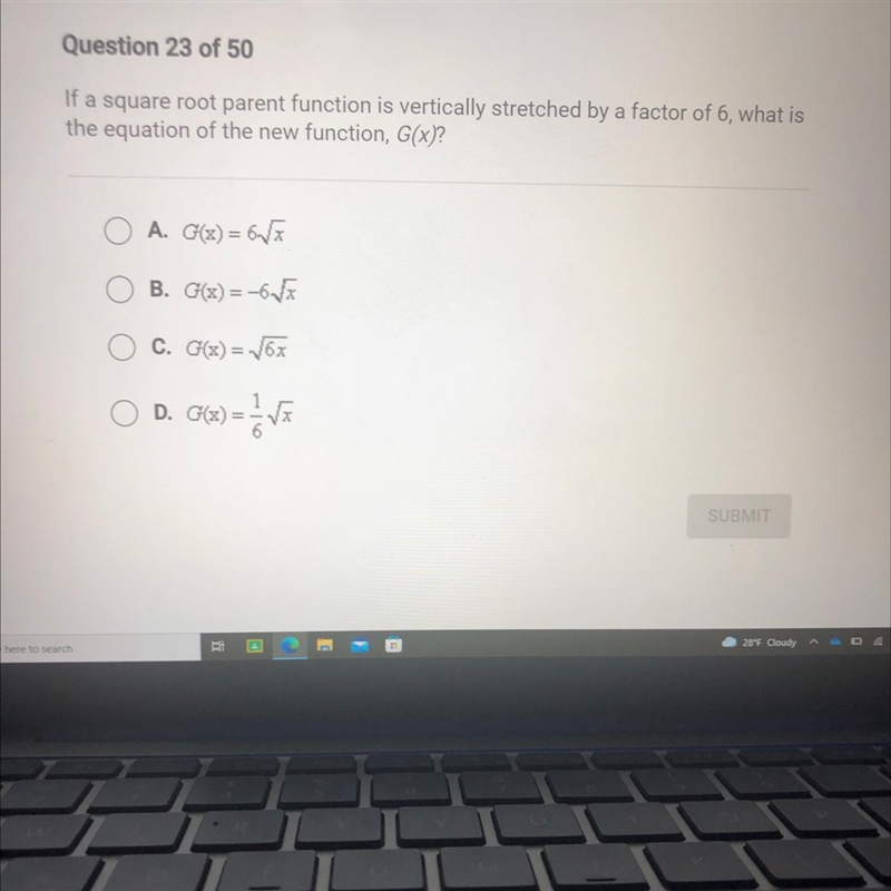 If a square root parent function is vertically stretched by a factor of 6, what isthe-example-1