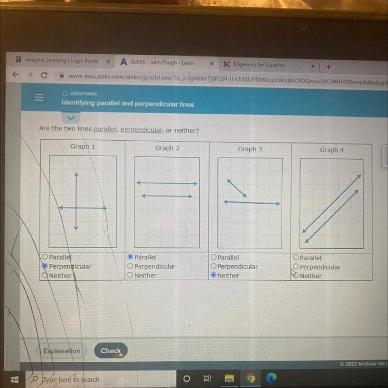 One of your answers is incorrect. Are the two lines parallel, perpendicular, or neither-example-1