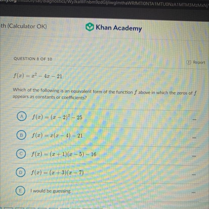 F(x) = x² - 4x − 21 Which of the following is an equivalent form of the function f-example-1