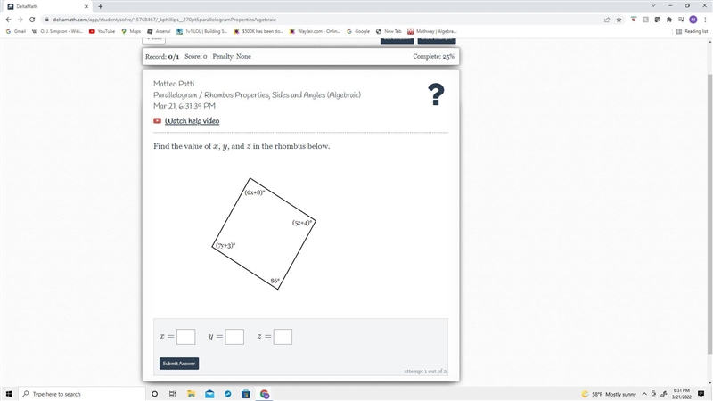 Find the value of x, y, and z in the rhombus below.-example-1