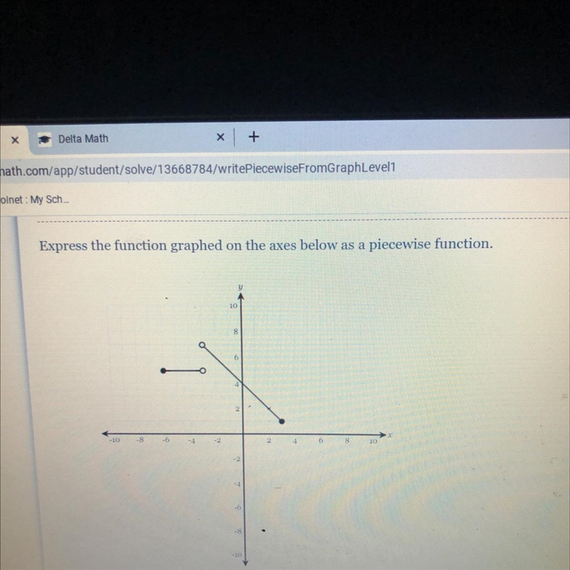 Express the function graphed on the axes below as a piecewise function.10802-108-6-422246810-10-example-1