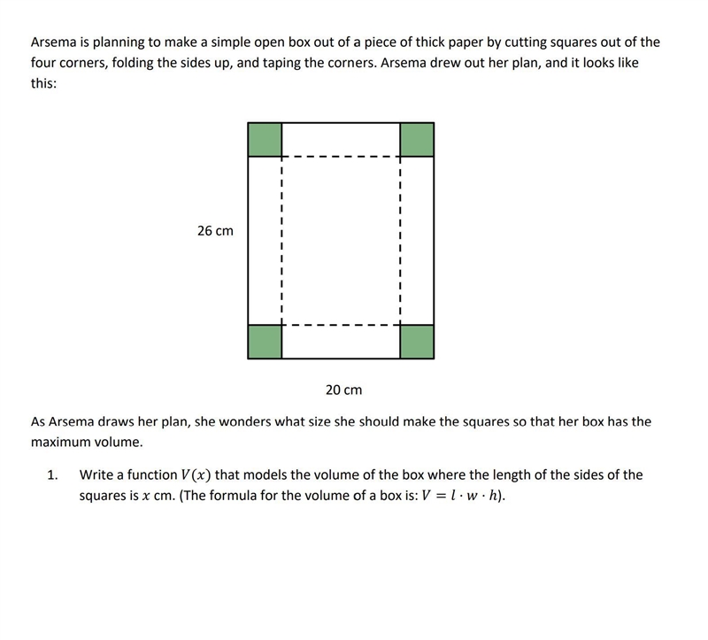 1. Write a function V(x) that models the volume of the box where the length of the-example-2