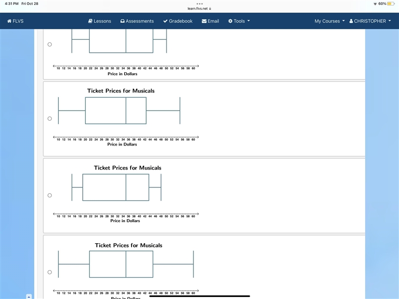 The prices of tickets, in dollars, to different musicals are listed. 10, 18, 25, 28, 35, 39, 40, 50, 60 Which-example-1