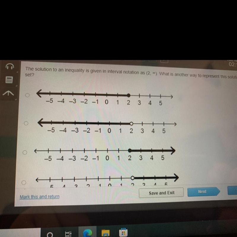 The solution to an inequality is given in interval notation as (2,). What is another-example-1