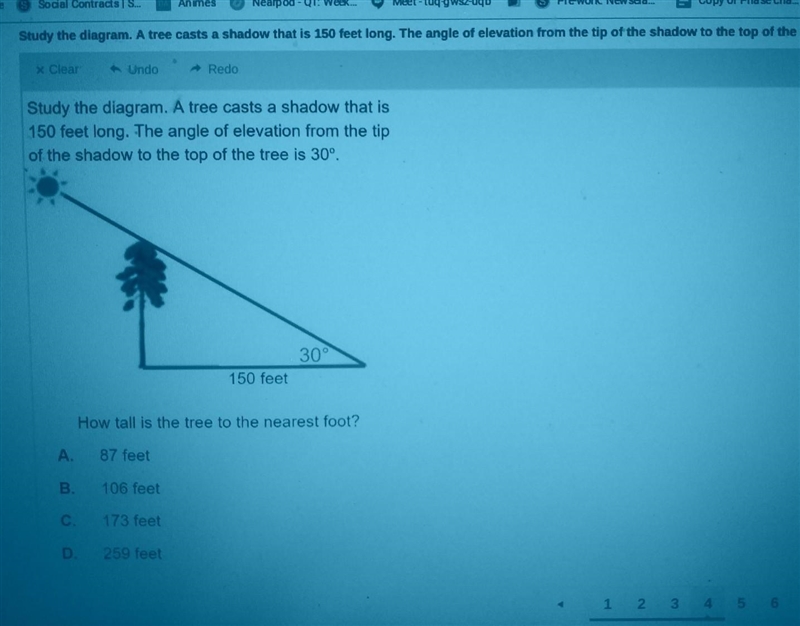 Study the diagram a tree casts a shadow that is 150ft long, The angle of elevation-example-1