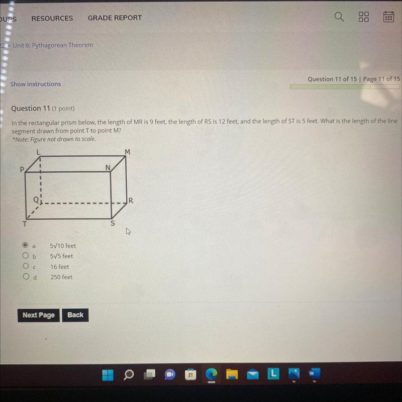 In the rectangular prism below, the length of MR is 9 feet, the length of RS is 12 feet-example-1