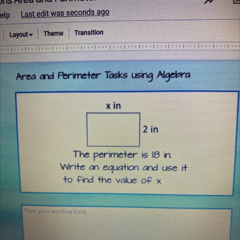 The perimeter is 18in. Write an equation and use it to find the value of X.-example-1