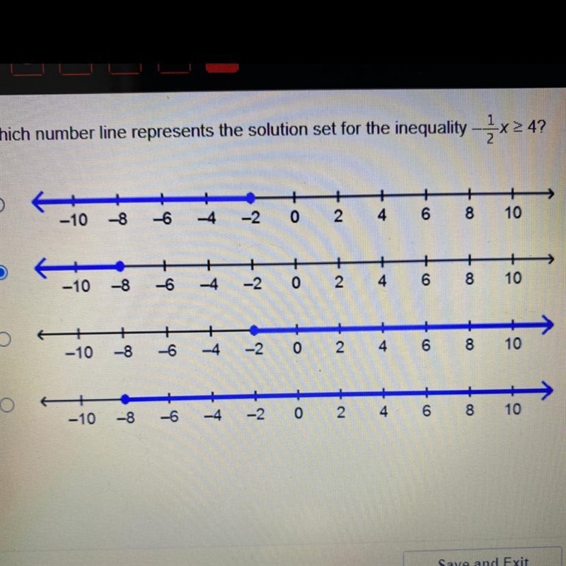 Which number line represents the solution set for the inequality -1/2x>4?-example-1