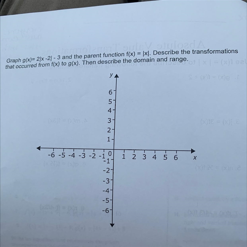 Graph g(x)= 2|x-2|-3 and the parent function f(x)=|x|. Describe the transformations-example-1