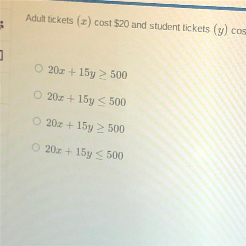 Adult tickets (x) cost $20 and student tickets (y) cost $15. The total amount available-example-1