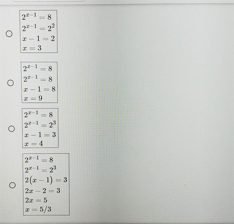 Which of the following shows the correct work and solution to the exponential equation-example-1