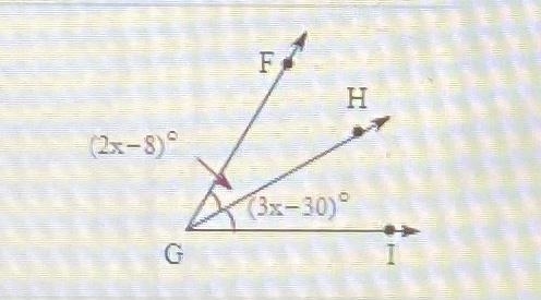 In the diagram, ray GH bisects angle FGI. A. Solve for x and find m angle FGH.B. Find-example-1