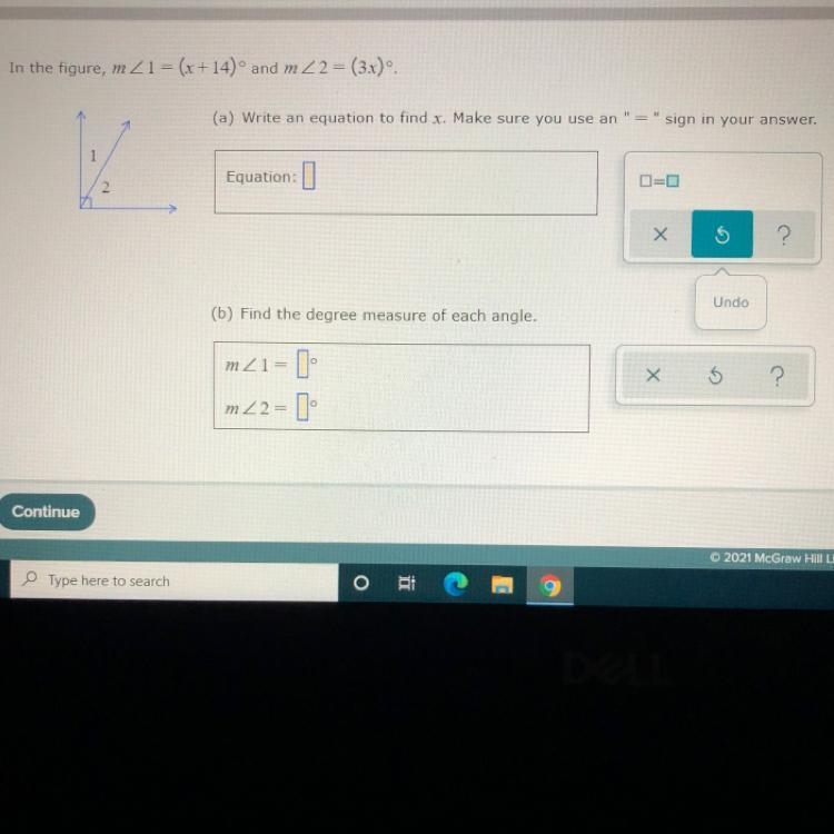 In the figure, m∠1=(x+14) ° and m∠2=(3x) ° . (a) Write an equation to find x. Male-example-1