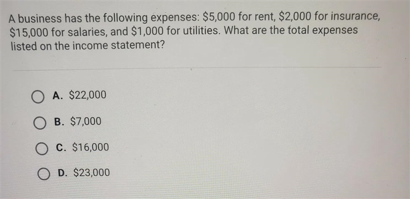 A business has the following expenses $5000 for rent $2000 for insurance 15000 for-example-1