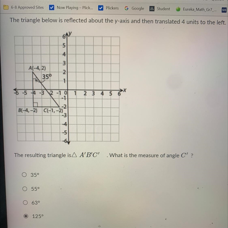 The triangle below is reflected about the y-axis and then translated 4 units to the-example-1