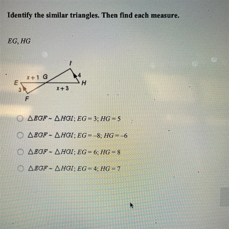 Identify the similar triangles. then find each measure. EG, HG.-example-1