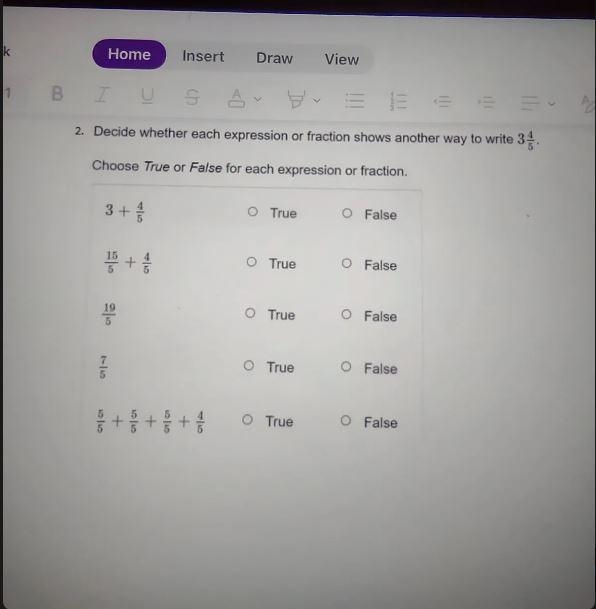 Decide whether each expression or fraction shows another way to write 3 Choose True-example-1