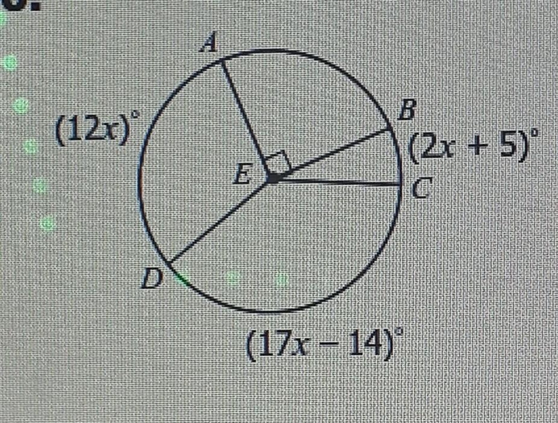 Find the value of X and each arc measurex =mAD =mBC = mDBC =-example-1