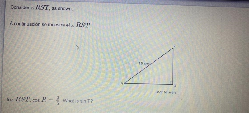 In triangle RST , cos R = 3/5 . What is sin T ?-example-1