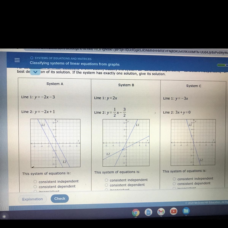 For each system of linear equations shown below, classify the system as "consistent-example-1