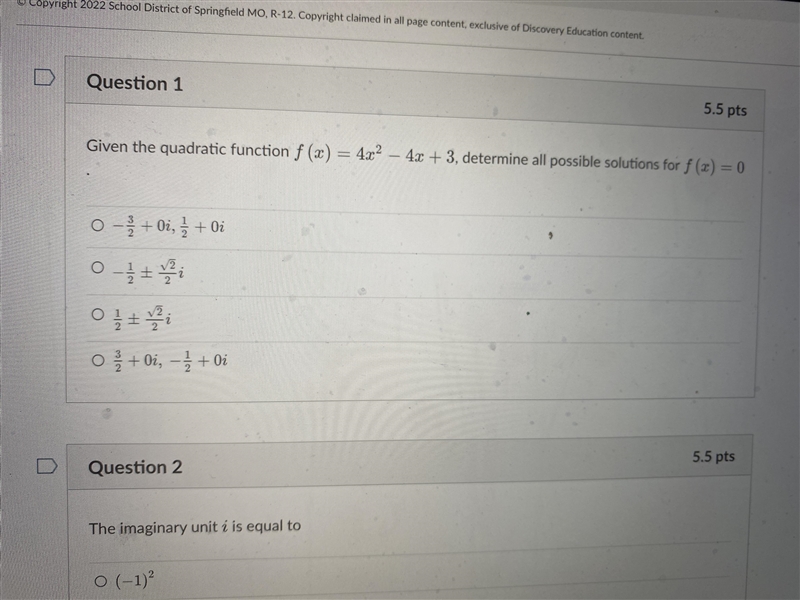 Given the quadratic function f(x)= 4x^2-4x+3, determine all possible solutions for-example-1