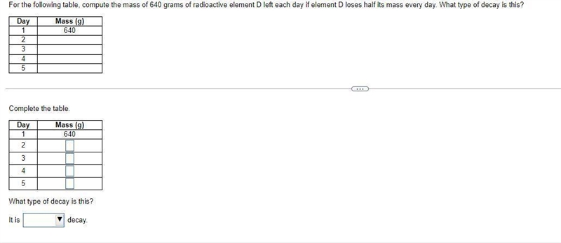 For the following table, compute the mass of grams of radioactive element D left each-example-1