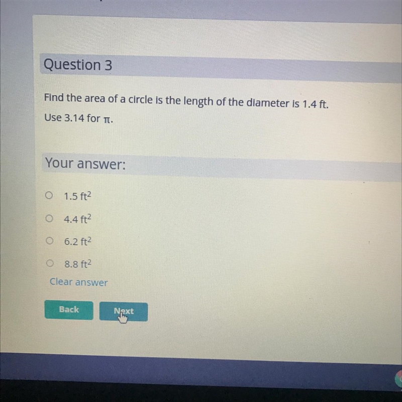 Find the area of a circle if the diameter is 1.4 ft-example-1