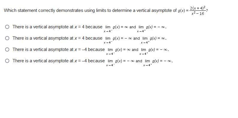 HELP pls. Which statement correctly demonstrates using limits to determine a vertical-example-1