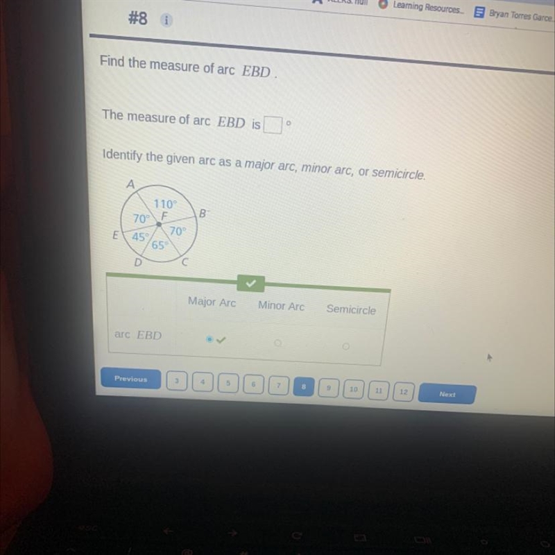 #8 iFind the measure of arc EBD.The measure of arc EBD isEIdentify the given arc as-example-1